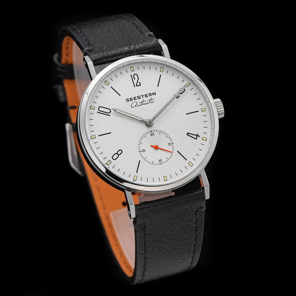 Seestern men's automatic wristwatch with white dial, silver case, black leather strap with orange lining