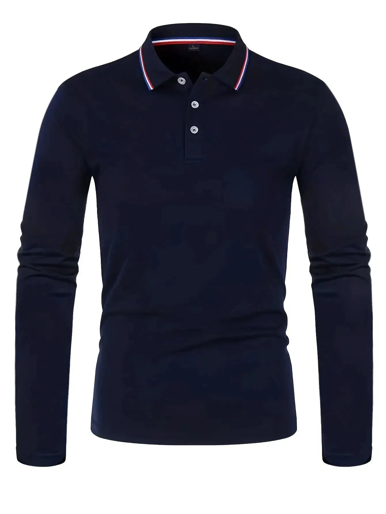 Men's navy long-sleeve polo shirt with striped collar and three-button placket.