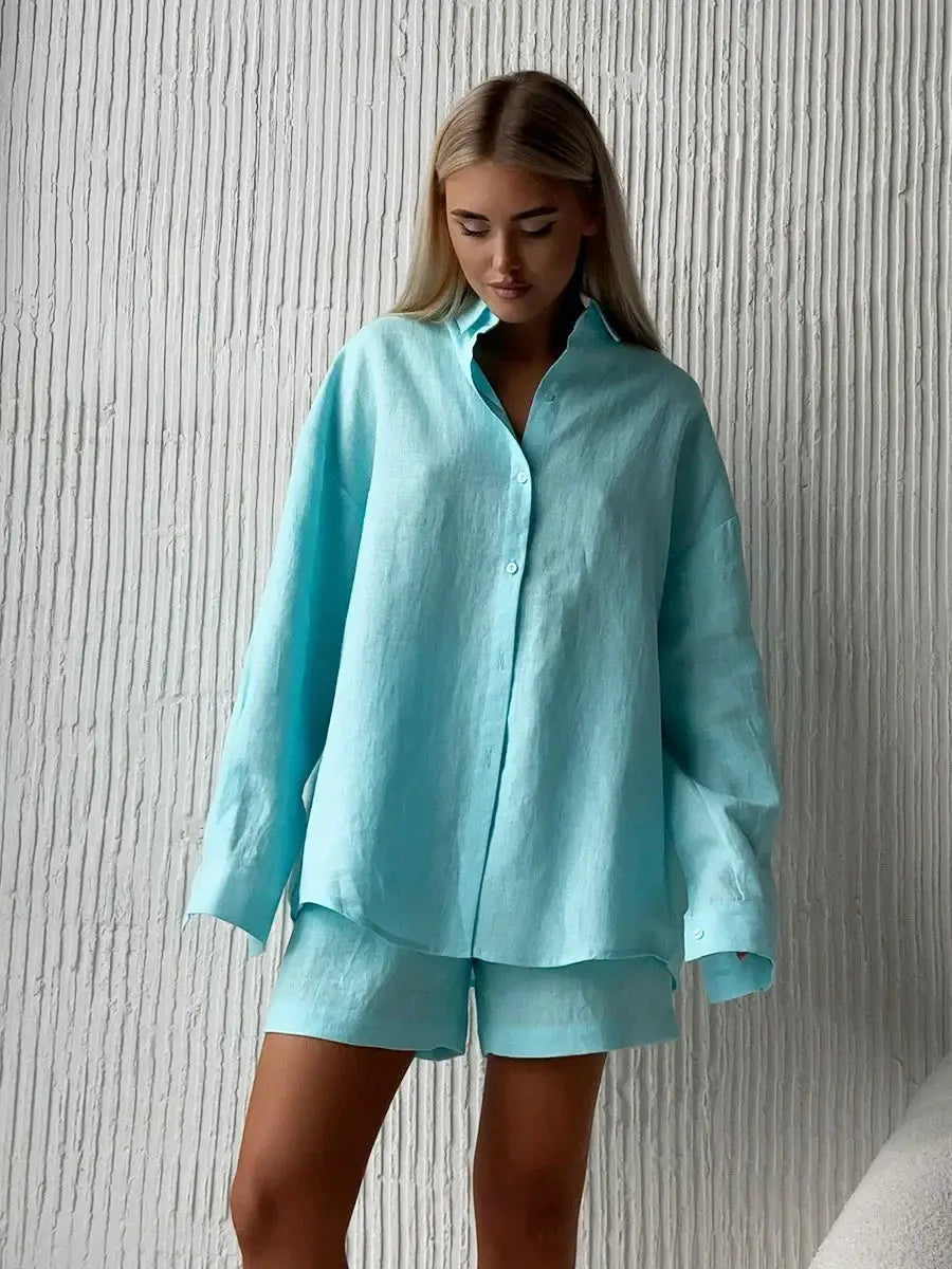 Bornladies Cotton Shorts Set Lapel Long Sleeve Shirt Elastic Waist