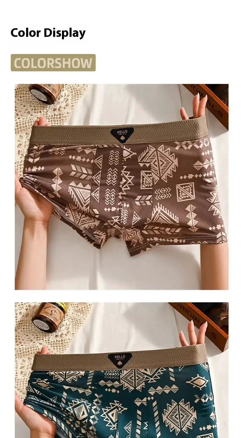Boxer shorts set: two brown and teal patterned pairs with beige elastic waistband and a Hello logo