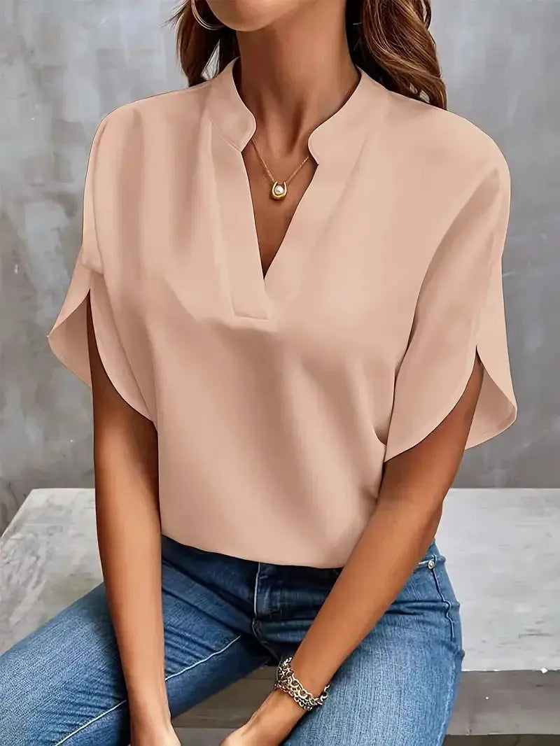 VEITCHE women's peach V-neck half-sleeve blouse, loose pullover top for casual office wear