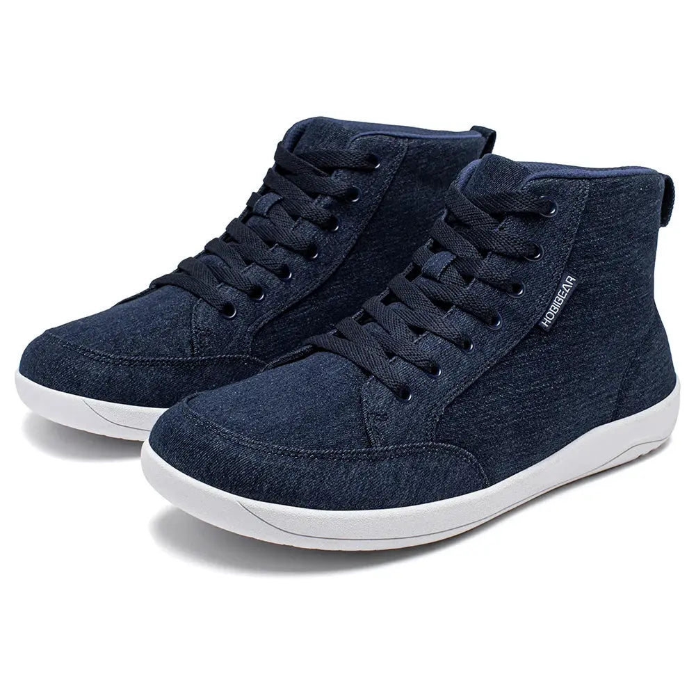 HOBIBEAR mid-top barefoot sneakers, denim canvas, lace-up, unisex with wide toe box, white outsole
