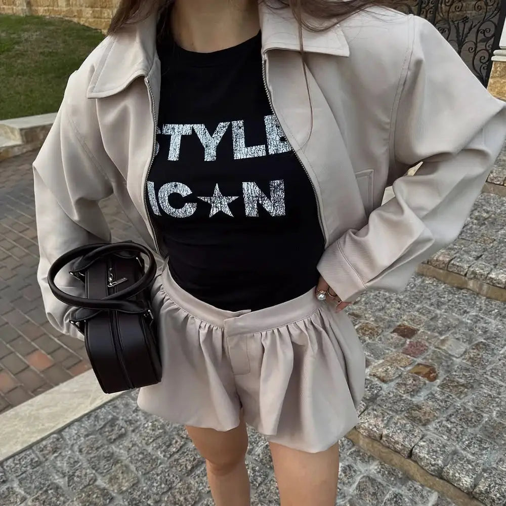 Tuularose Womens Lapel Zip Jacket Two Piece Pleated Shorts Autumn Suit
