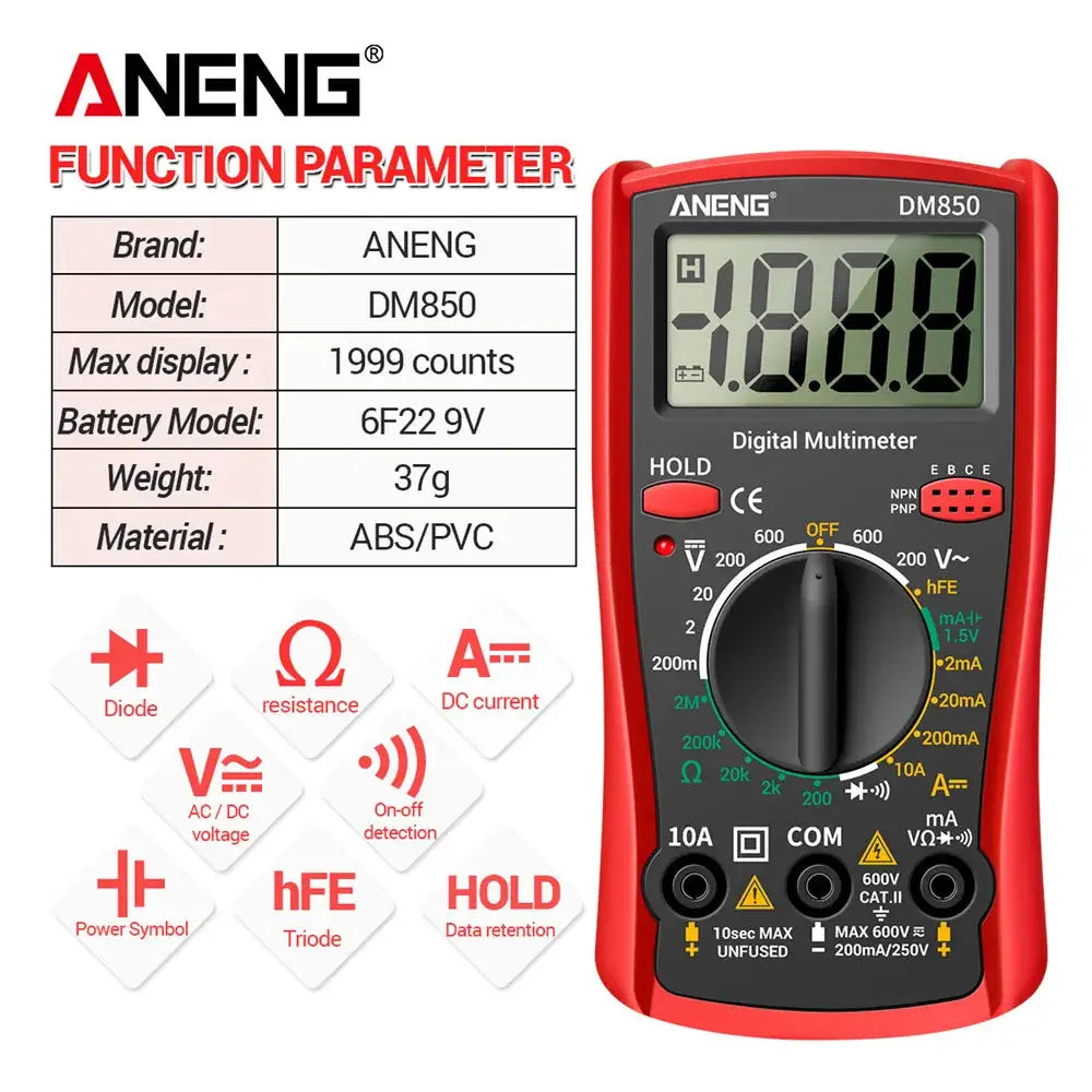 ANENG DM850 Digital Multimeter 1999 Counts Auto Range AC DC Voltage Ohm Current Ammeter Tester Tool