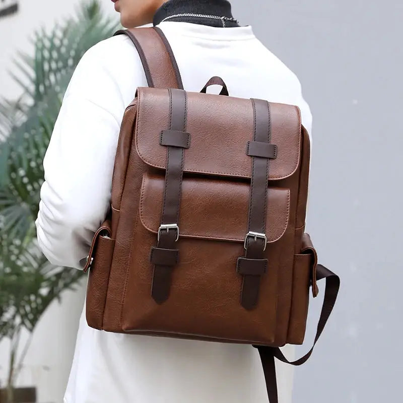 Simples Market PU leather backpack, brown large laptop backpack with two buckle straps