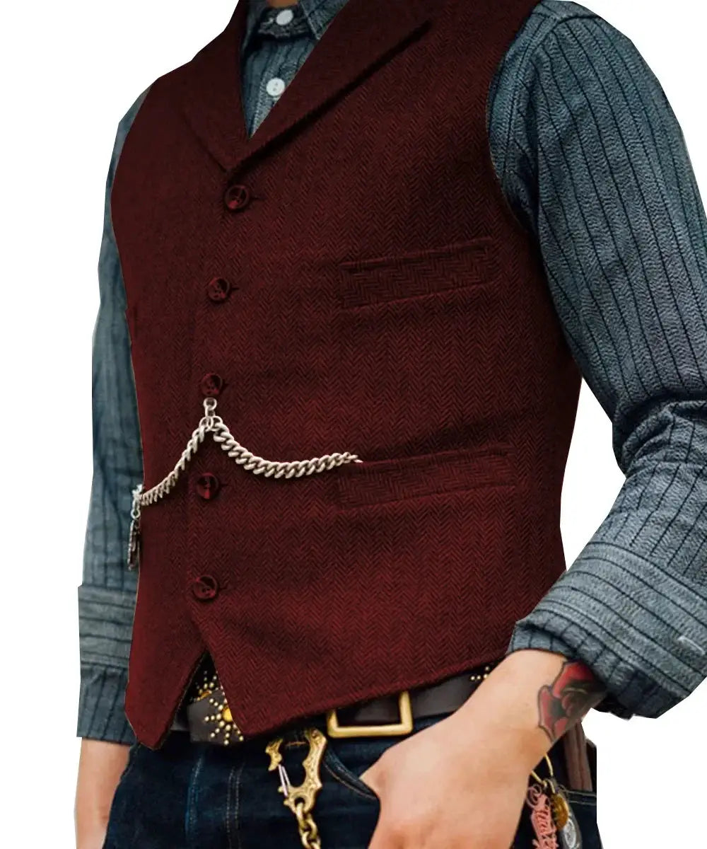 Men's waistcoat vest by Simples Market; burgundy wool tweed, sleeveless with chain detail