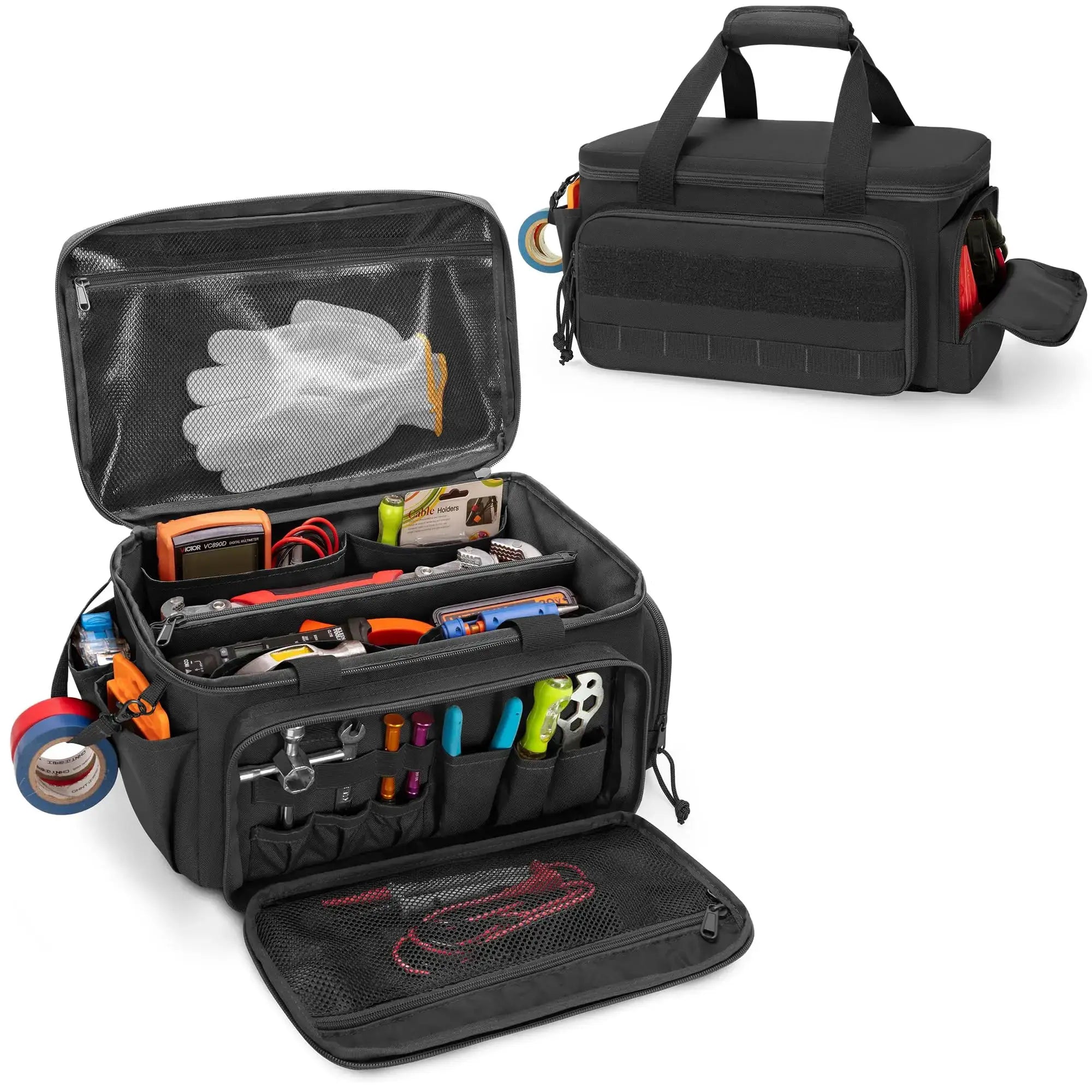 Black tool bag with shoulder strap and multiple pockets, shown with organized toolkit and mesh pouch.