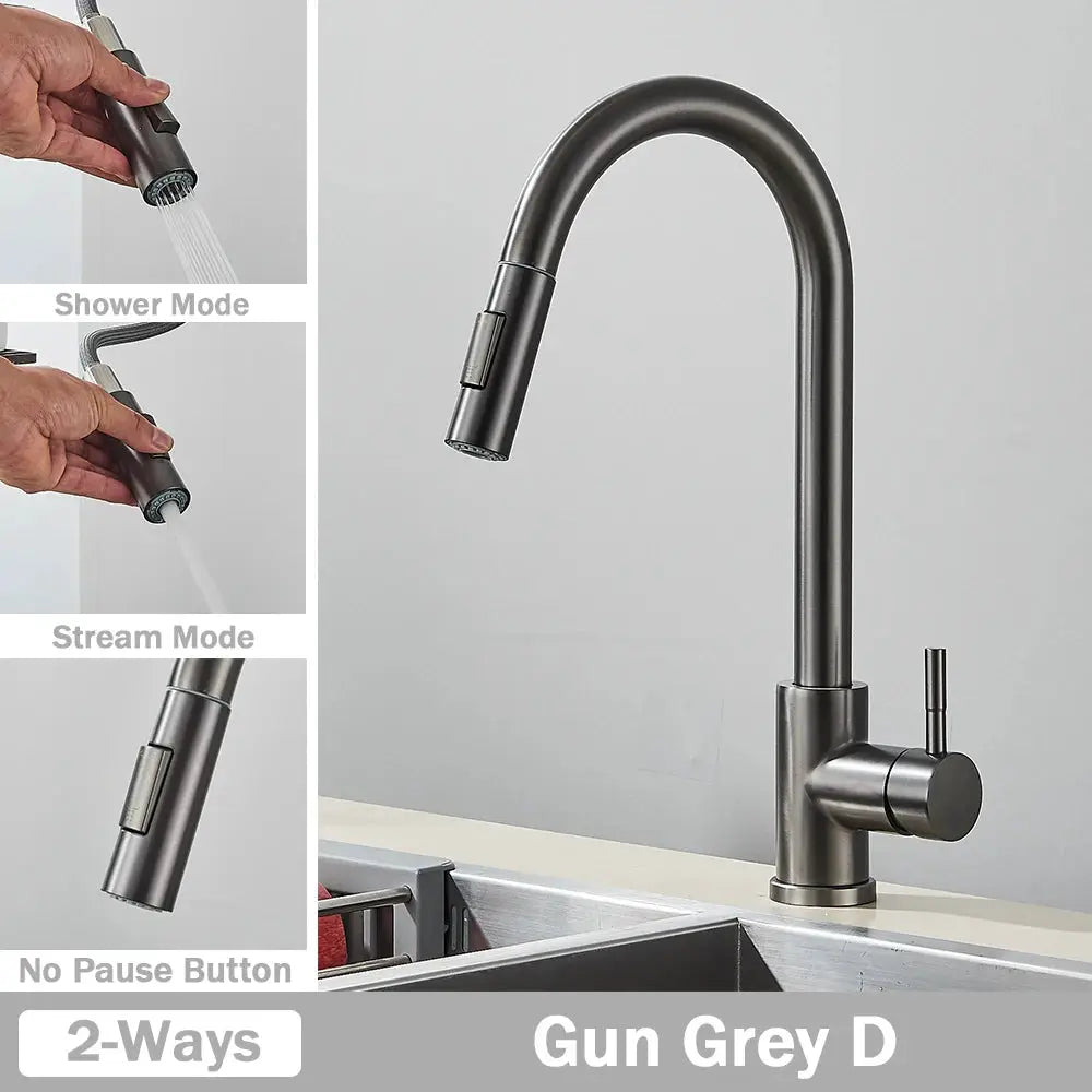 Simples Market gun grey kitchen faucet with pull-out nozzle and two spray modes.