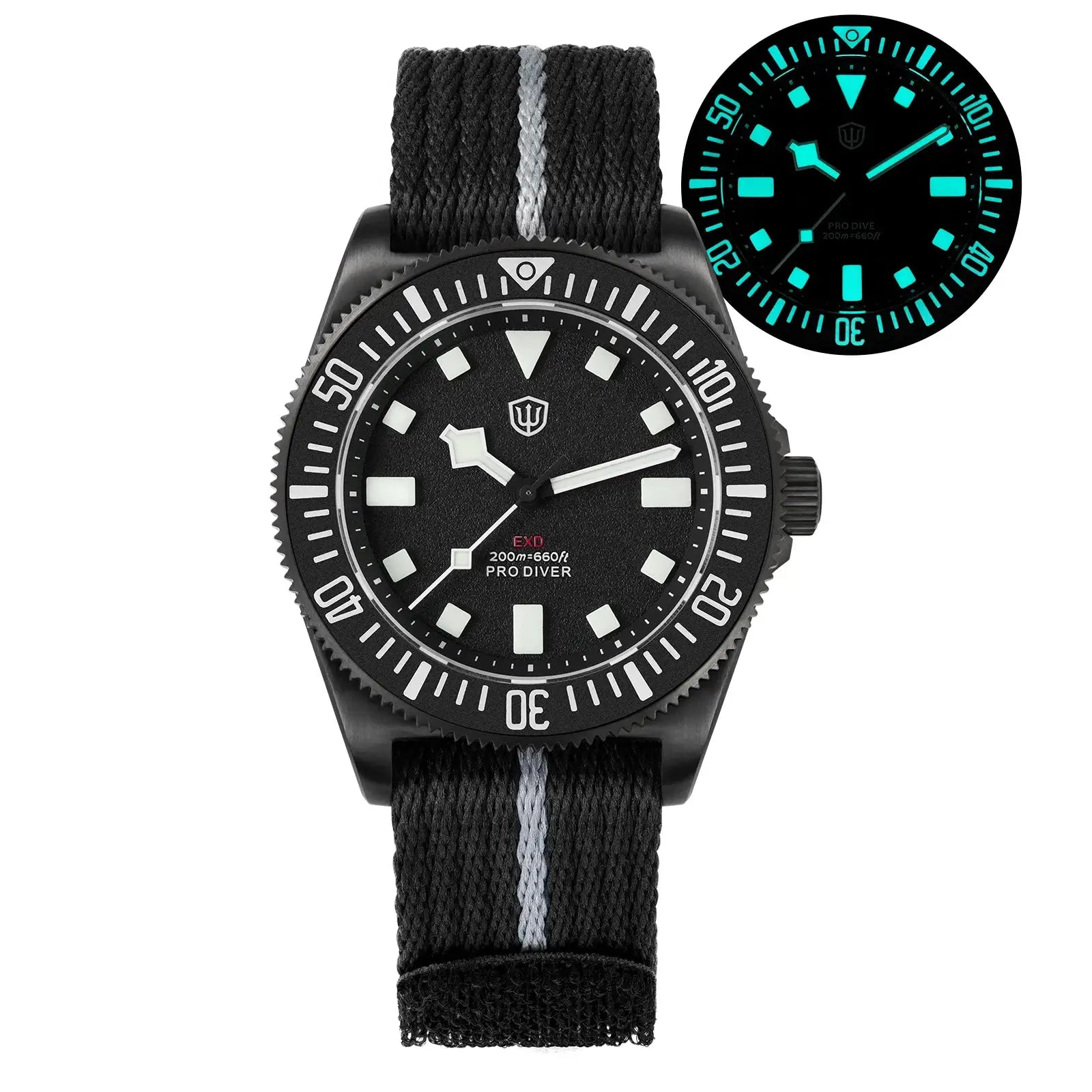 Watchdives EXD 40mm titanium dive watch with black dial, luminous markers, 200m water resistance, gray stripe NATO strap