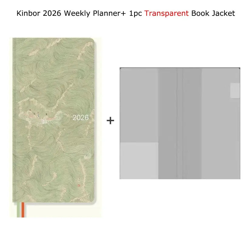 Kinbor 2026 weekly planner pocket notebook with green patterned cover and a transparent book jacket (2 items)