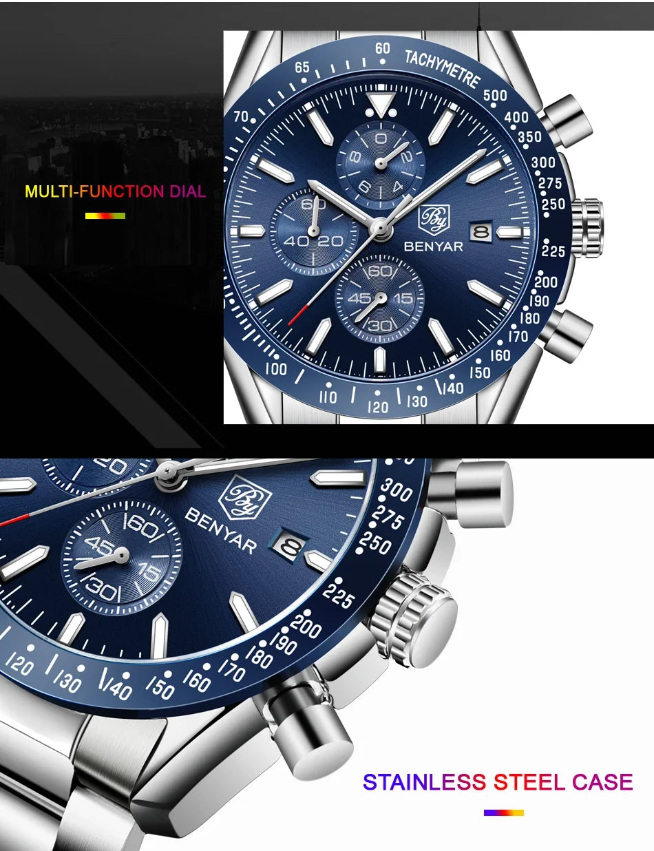 Men's BENYAR stainless steel chronograph watch with blue dial, tachymeter bezel and date window.