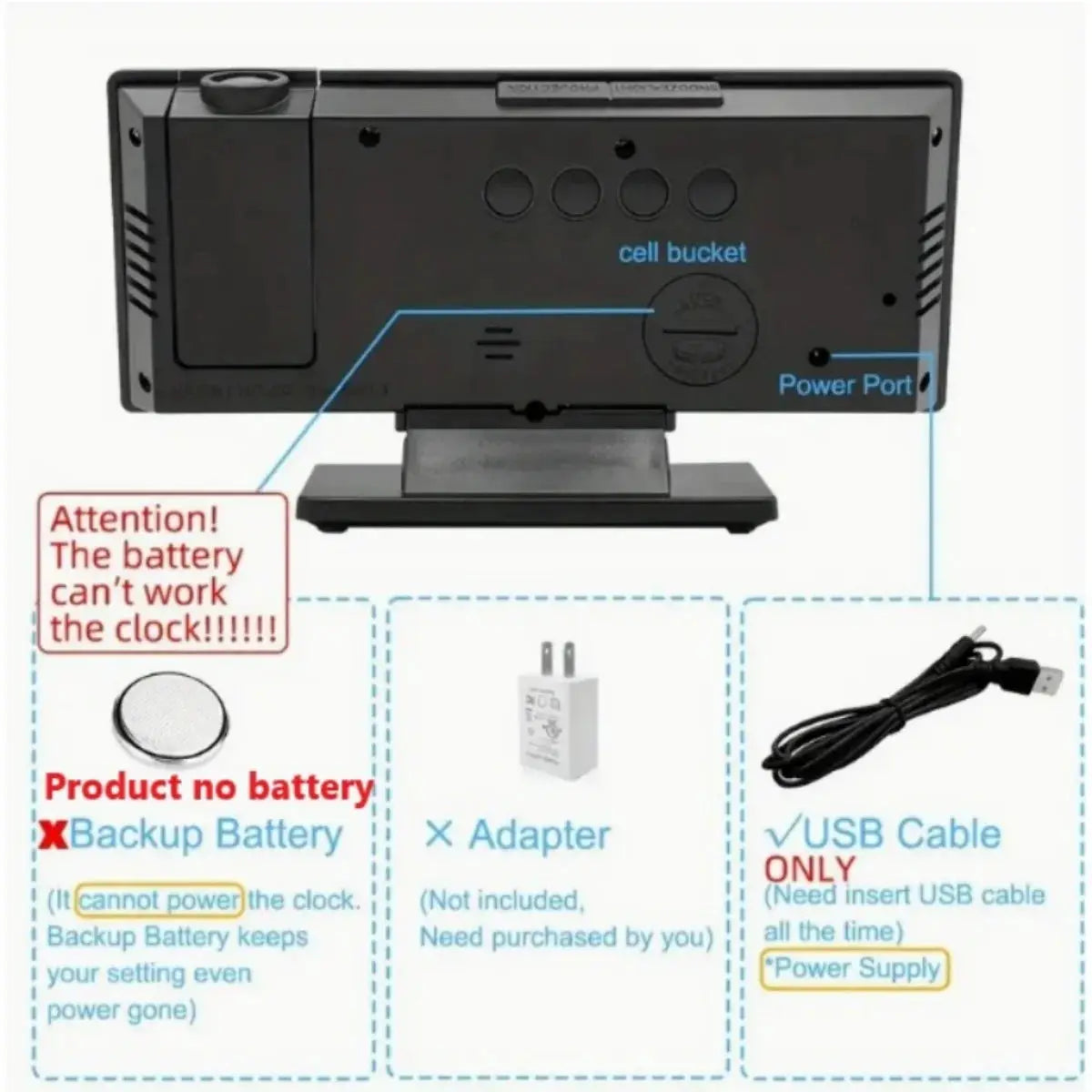 Simples Market projection alarm clock, black with large display and 180° projection; shown with USB cable.