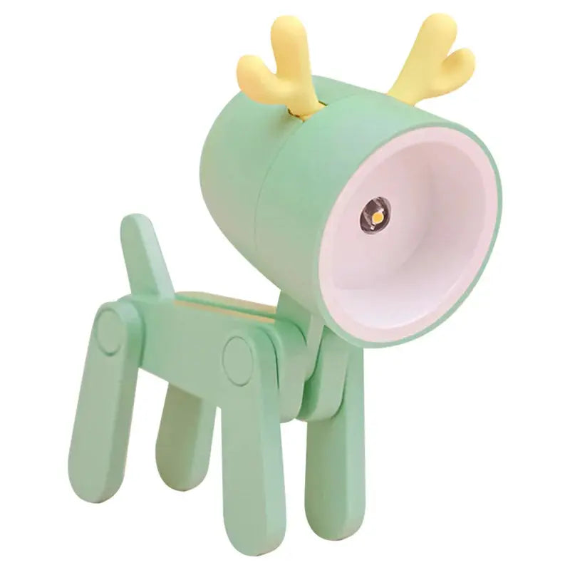 Mini LED night light folding desk lamp in mint green with yellow antlers, cute animal decor for kids