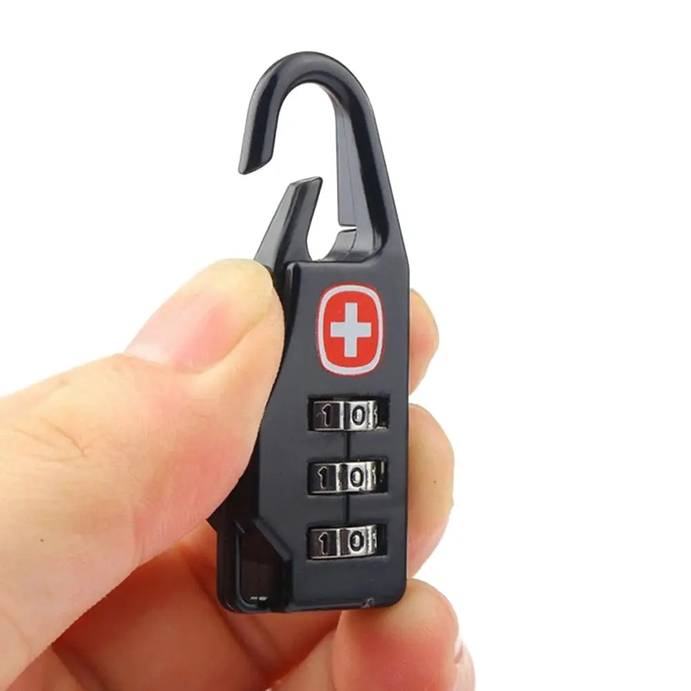 Simples Market mini combination padlock, black plastic with three dials and a curved hook for luggage and cases