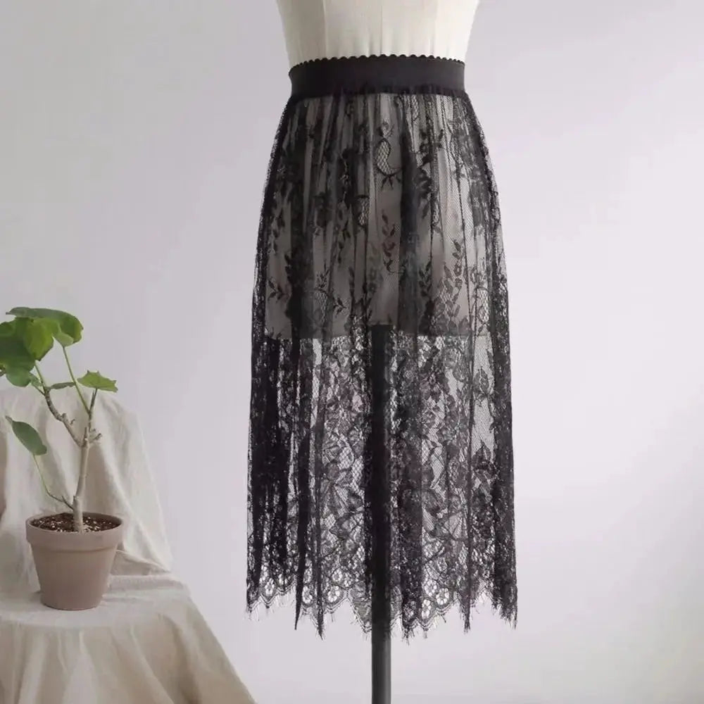 Black lace midi skirt with sheer overlay and elastic high waist by Simples Market
