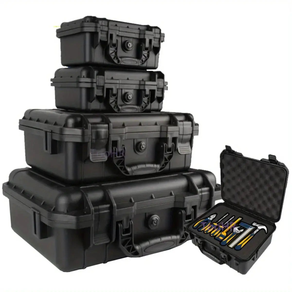 Black waterproof hard tool cases with pre-cut foam inserts; four stacked, open case shows tools