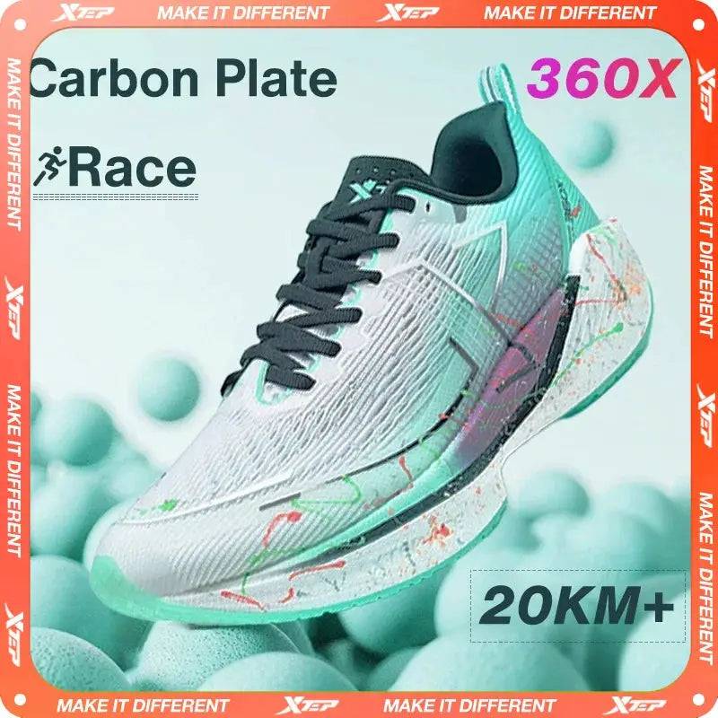 Xtep 360X running shoes for men, carbon-plate marathon design, lightweight ETPU in teal and gray
