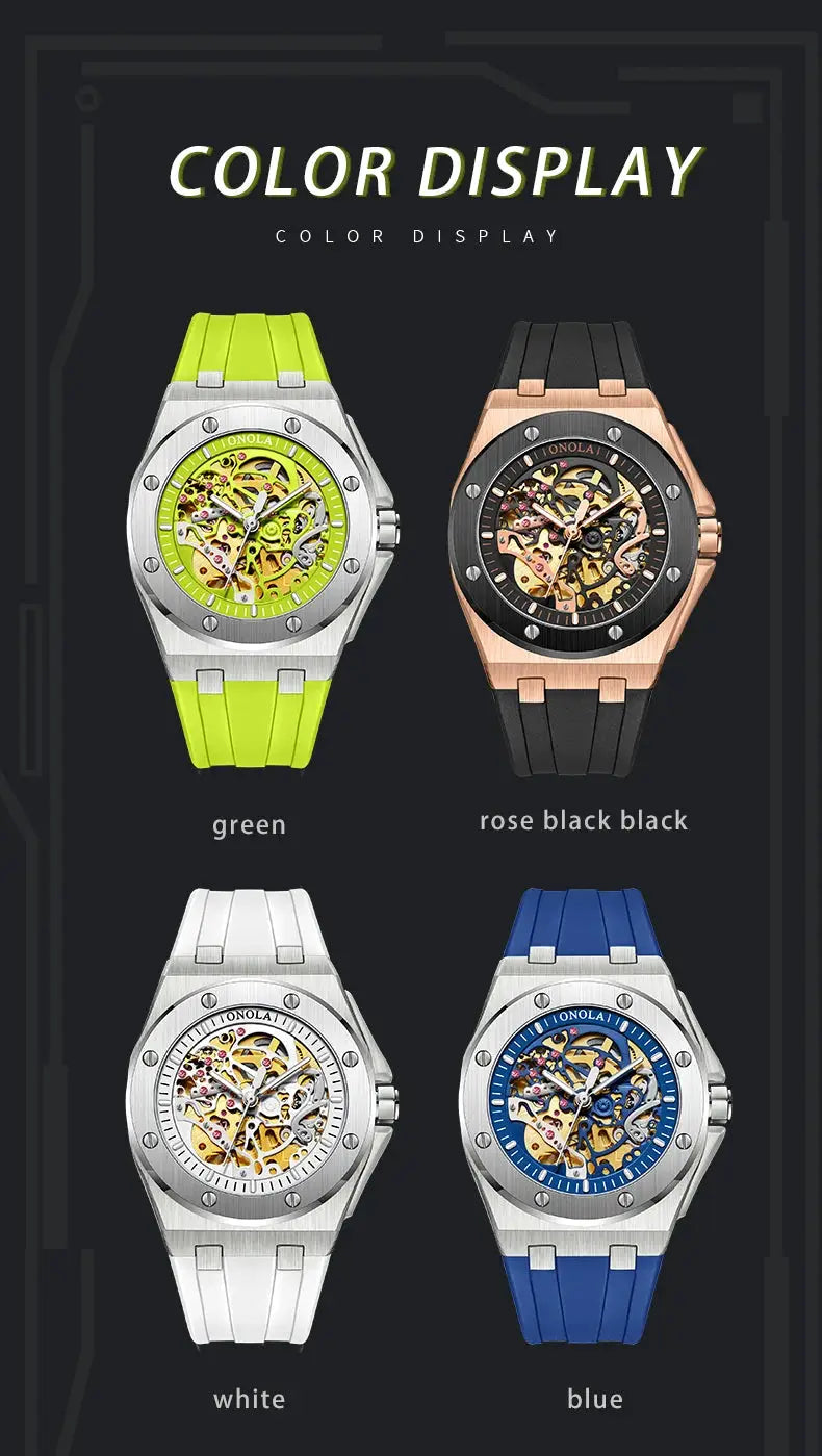 ONOLA men's luxury sport wristwatch set with four colors: green, rose gold/black, white, blue.