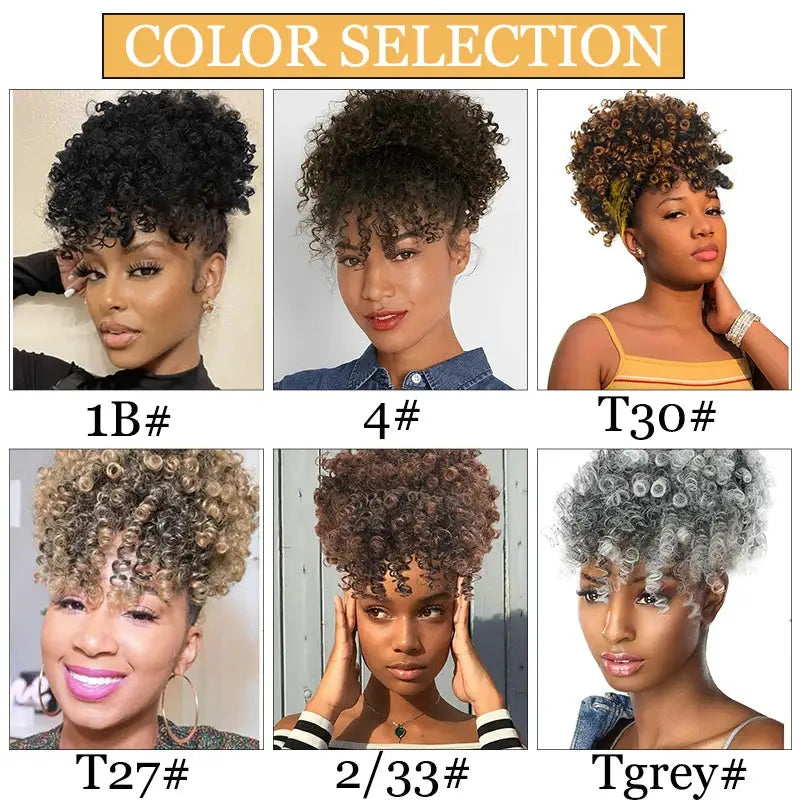 Afro Puff Kinky Curly Updo Ponytail Extension with Bangs, Simples Market, synthetic hair; six color options shown.