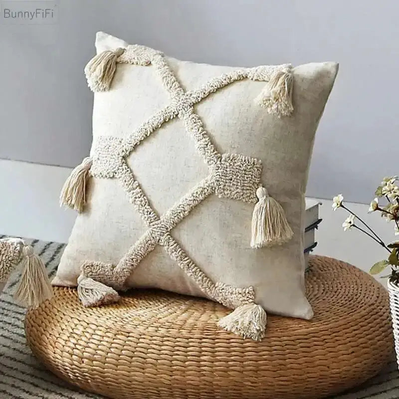 Simples Market Boho linen cushion cover 45x45cm / 30x50cm beige with tassels and textured lattice