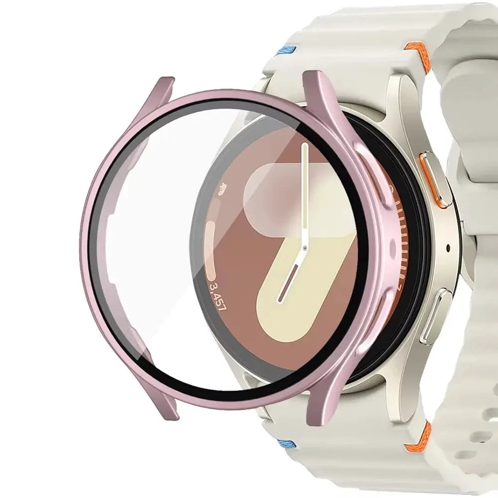 Pink matte hard PC bumper case with tempered glass screen protector for Samsung Galaxy Watch 7/6/5/4 (40mm/44mm)
