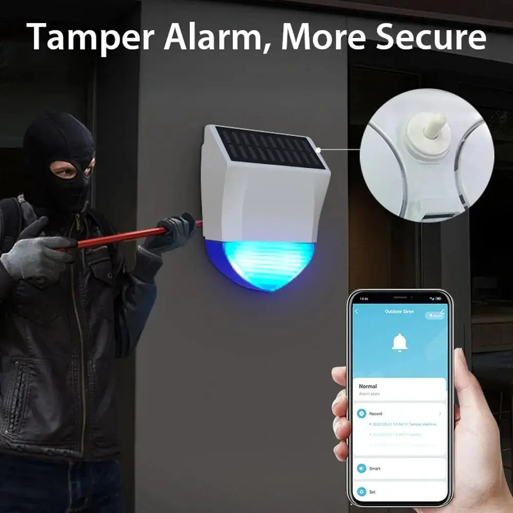 Outdoor siren alarm, white plastic housing with solar panel and blue LED, app-controlled