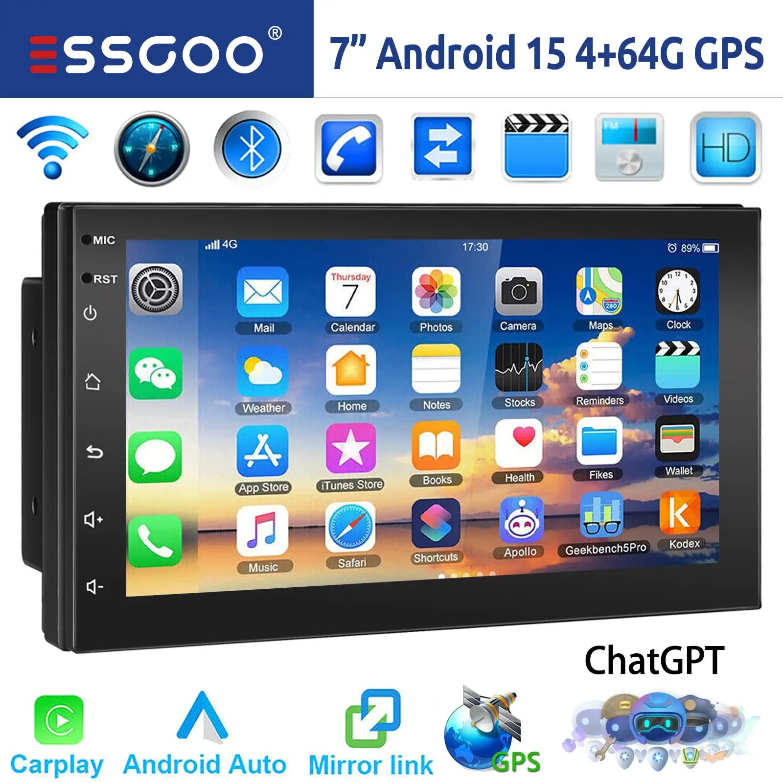 ESSGOO 2-DIN Android car stereo with 7/9/10 inch touchscreen, 4+64GB, CarPlay/Android Auto, GPS, Bluetooth, WiFi