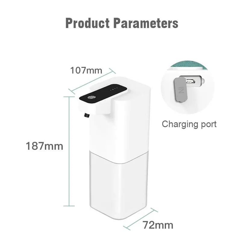 Automatic touchless soap dispenser by Simples Market, white plastic with infrared sensor and USB charging.