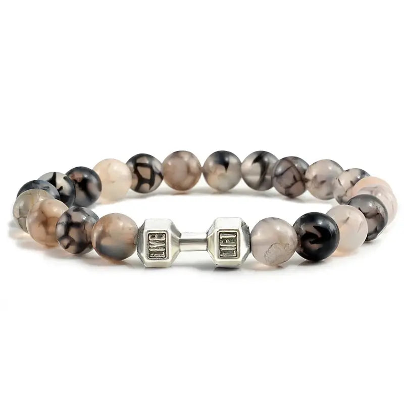 Natural Volcanic Stone Bracelet For Men And Women Matte Black Lava White Beads Dumbbell Charm Strand Fitness Jewelry