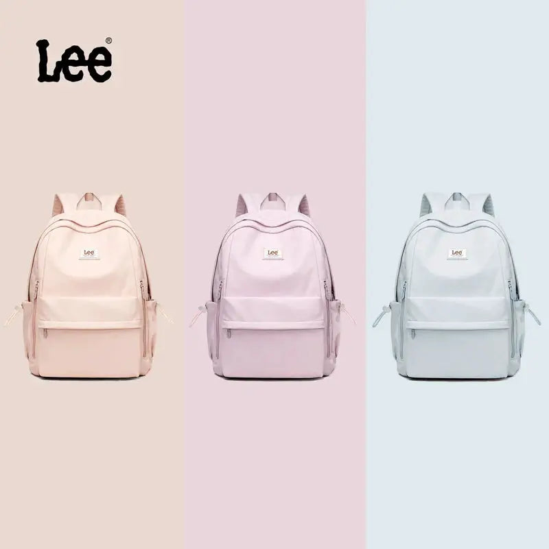 Lee lightweight 16-inch laptop backpack set: three pastel Oxford backpacks with large capacity in peach, pink, and blue.