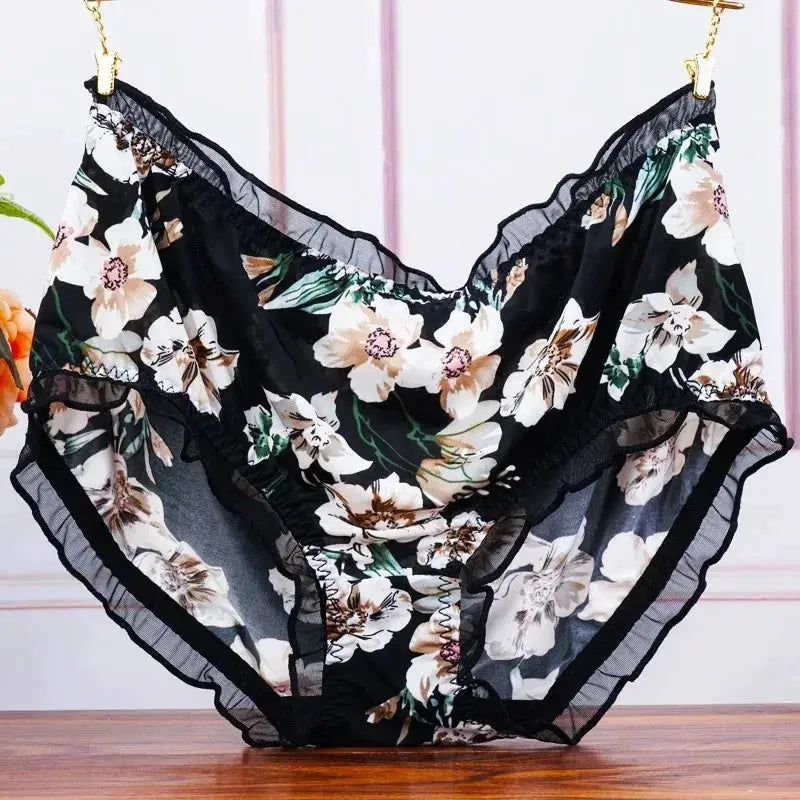 Panties with floral print, black sheer mesh, lace trim, mid-waist design