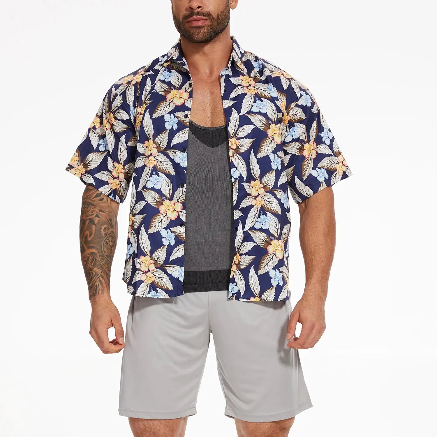 Men's shapewear top with cross elastic band in dark gray, shown under a navy floral short-sleeve shirt