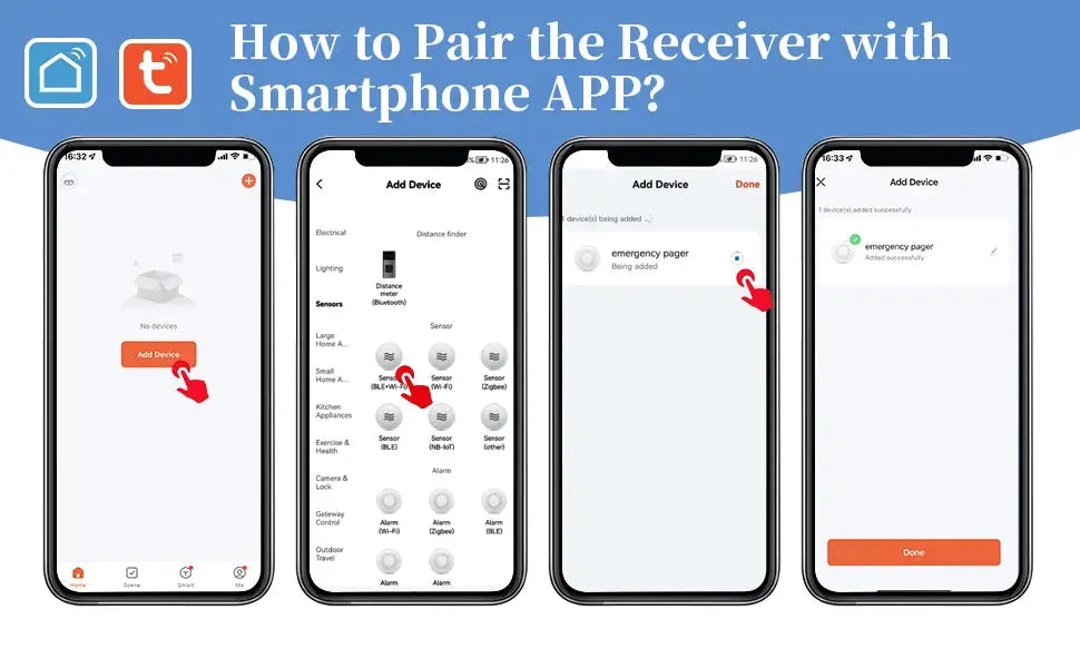 Wireless Elderly Caregiver Pager SOS app pairing tutorial by Simples Market shown on four iPhones.