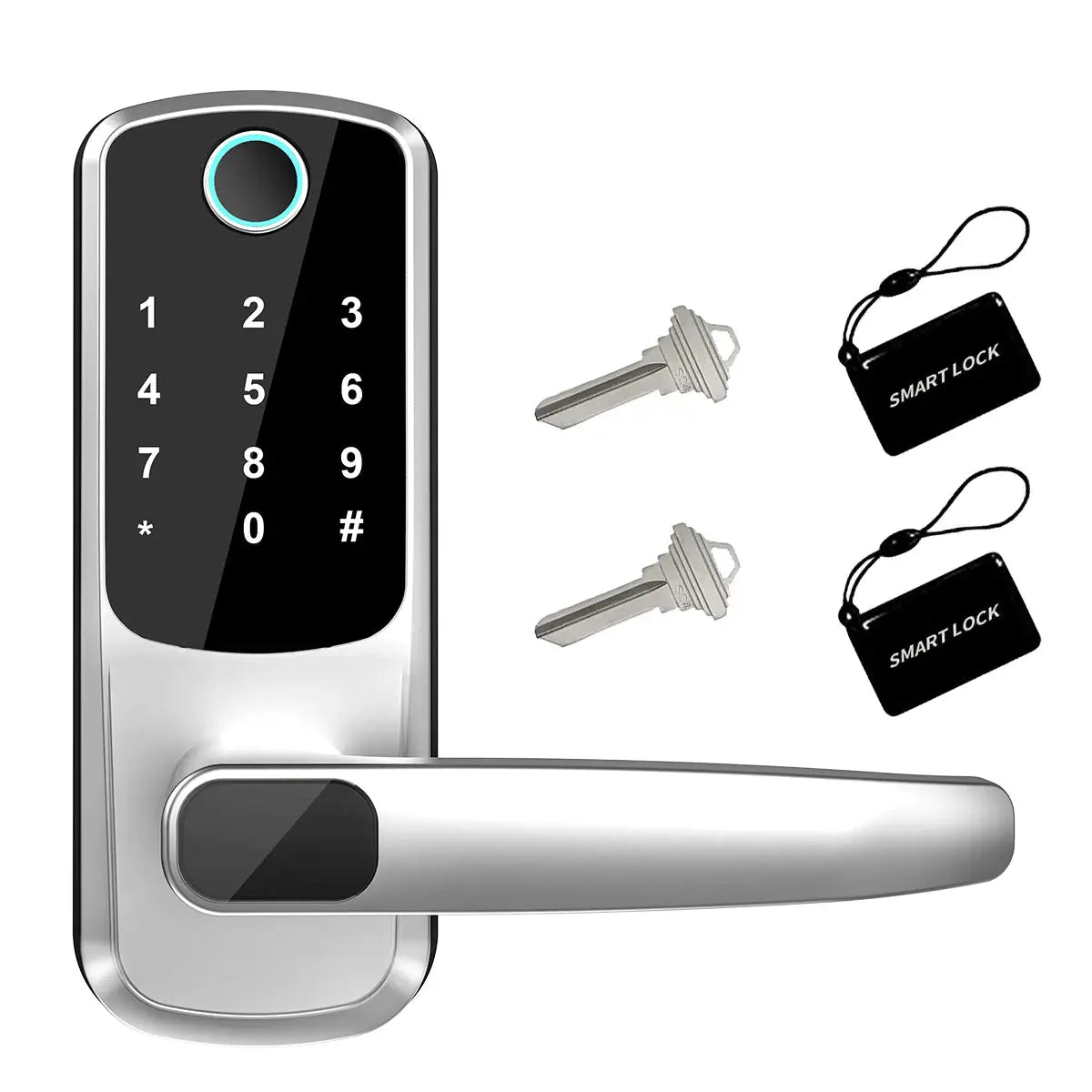 WiFi smart door lock with keypad and biometric fingerprint reader; silver body; includes 2 keys and 2 smart cards