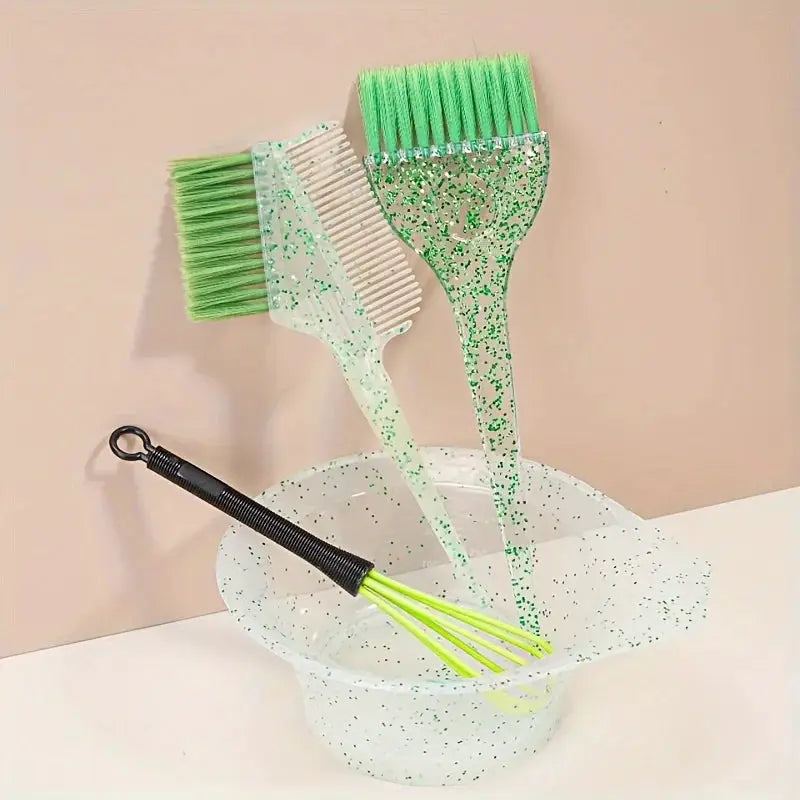 Simples Market 4pc hair dyeing set with green glitter brushes, pearl dyeing brush, speckled combs and neon whisk