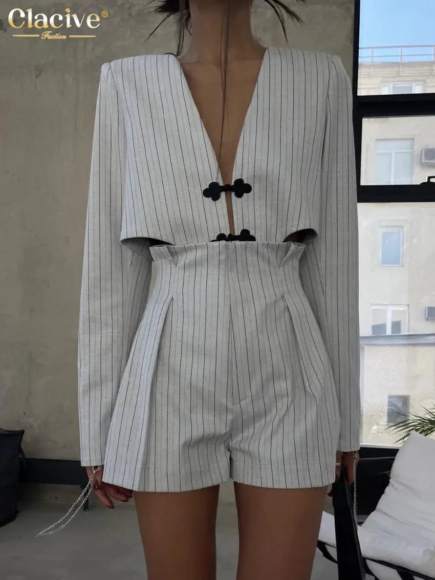 Clacive Stripe Print Slim Two Piece Set Women Top High Waist Shorts