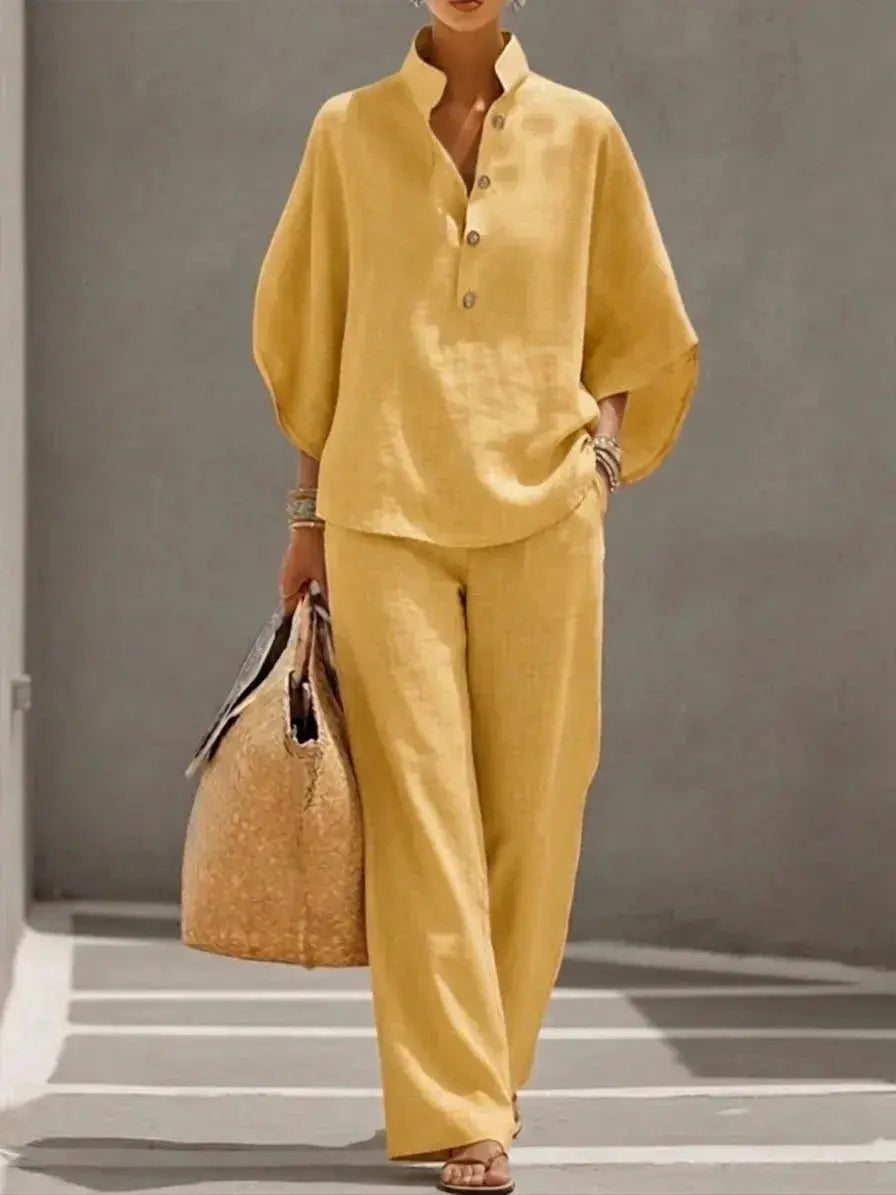 Cotton Linen Pant Set Women Stand Collar Button Top Wide Leg Trousers