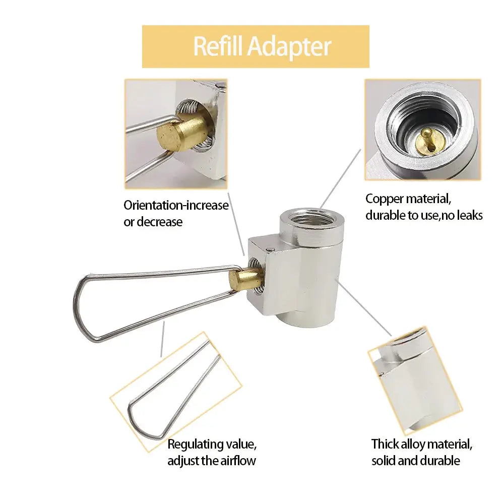 3-piece camping stove refill adapter set with Lindal valve brass fitting and metal body