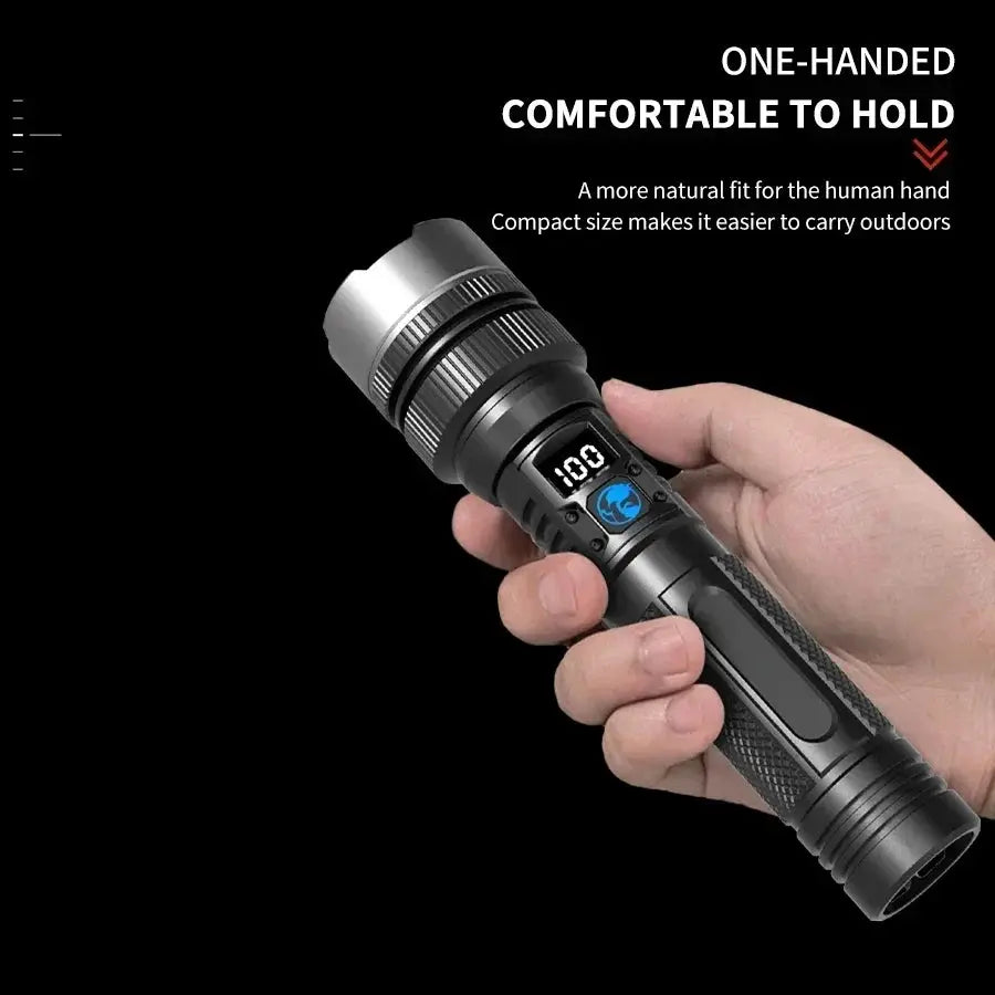100000LM Simples Market rechargeable LED torch; black metal, one-handed tactical flashlight with digital display