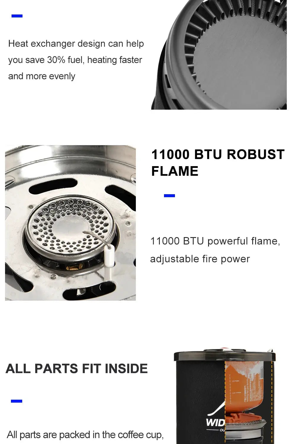 Widesea camping cooking system with heat exchanger outdoor gas stove; 11000 BTU flame; all parts fit inside coffee cup