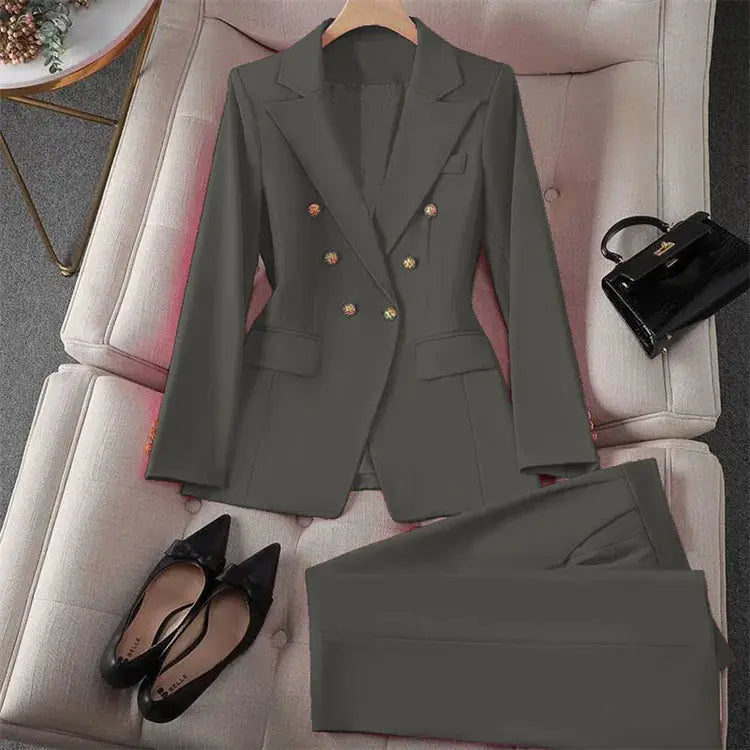 2-piece gray double-breasted blazer and pants set for women with gold-tone buttons