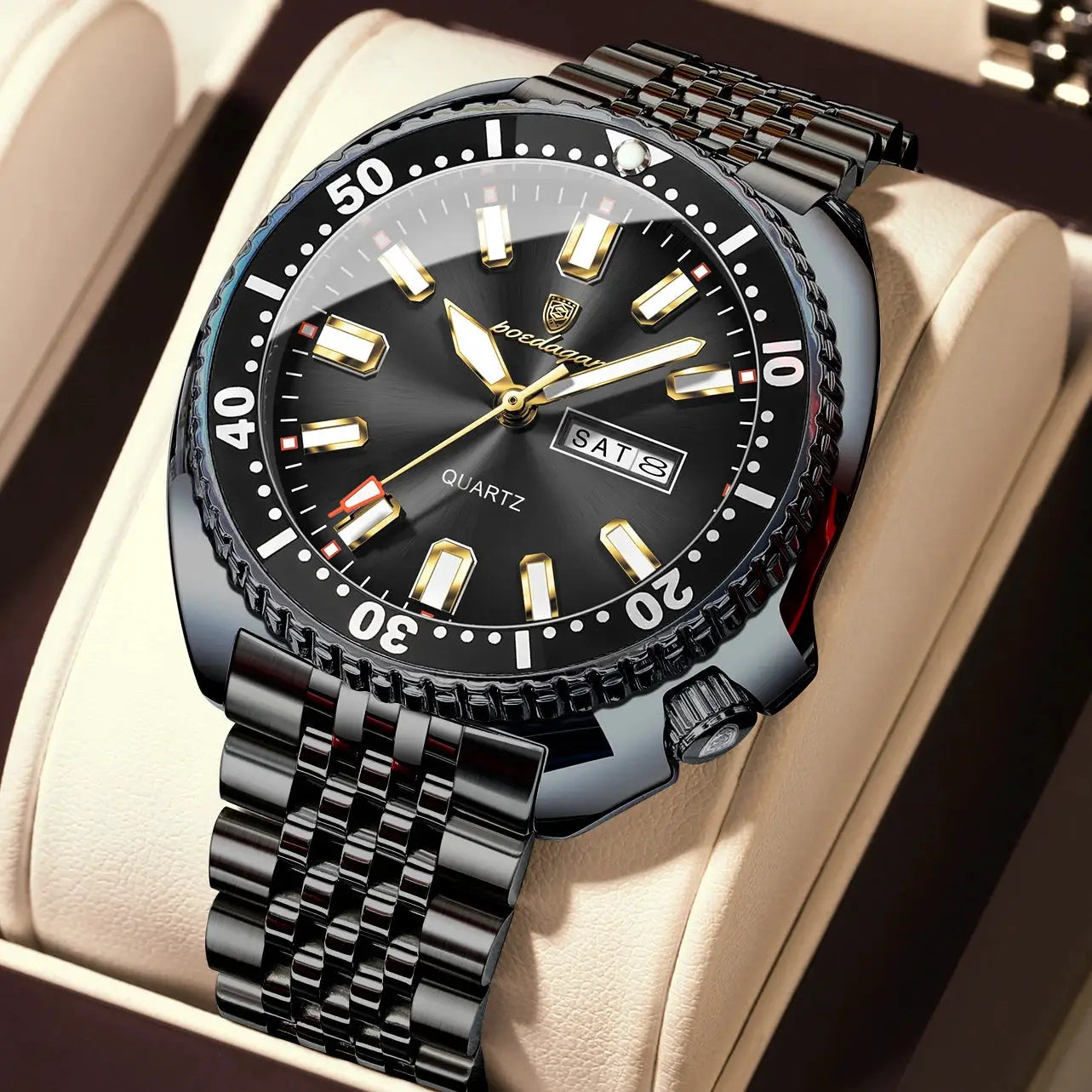 POEDAGAR men's stainless steel wristwatch with black dial, gold-tone markers and day-date window