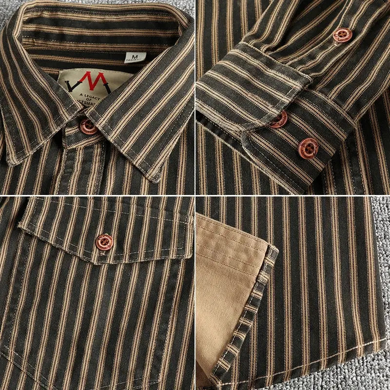 Men's striped long-sleeve shirt with lapel collar, brown buttons, and chest pocket in retro beige-brown tones.