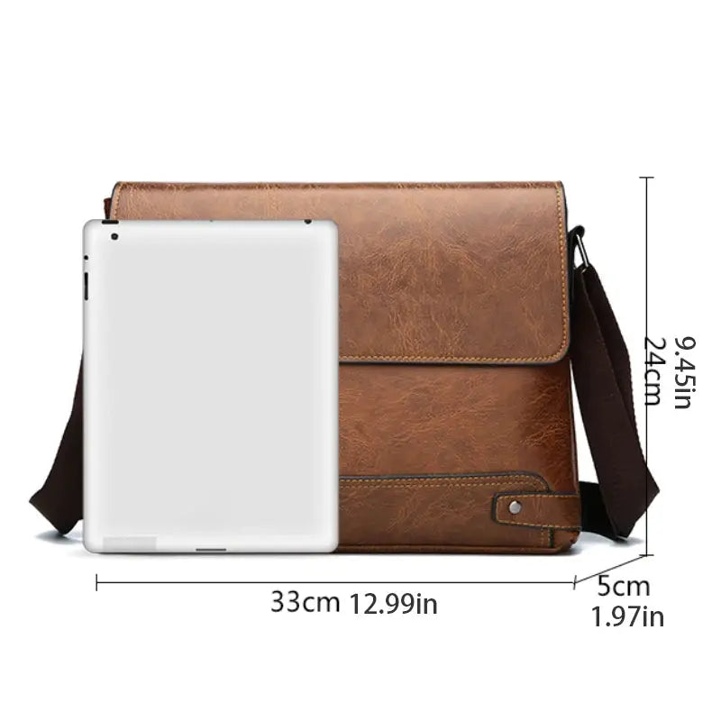 Shoulder bag for men with crossbody strap, brown leather texture, large capacity for business trips and work