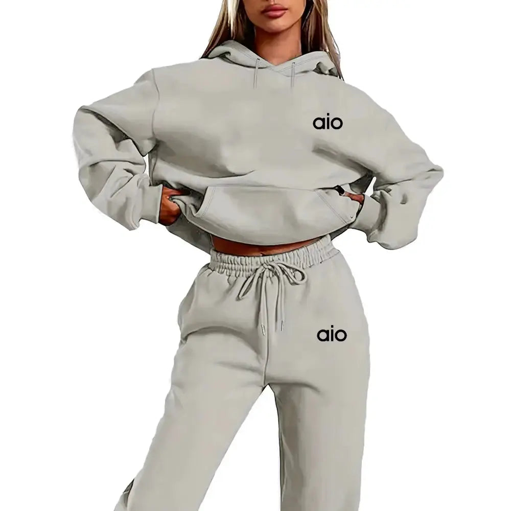 Ai Printing Women Monochrome Hooded Hoodie Set Premium Fleece For Autumn And Winter Daily Wear
