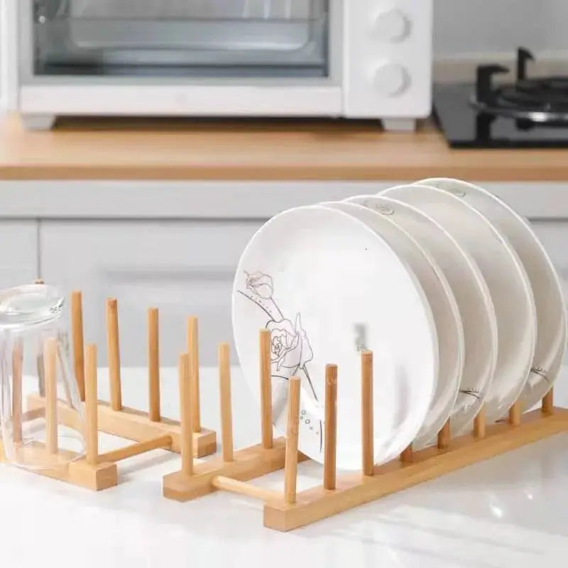 Simples Market wooden dish drying rack with drainboard holding four white plates