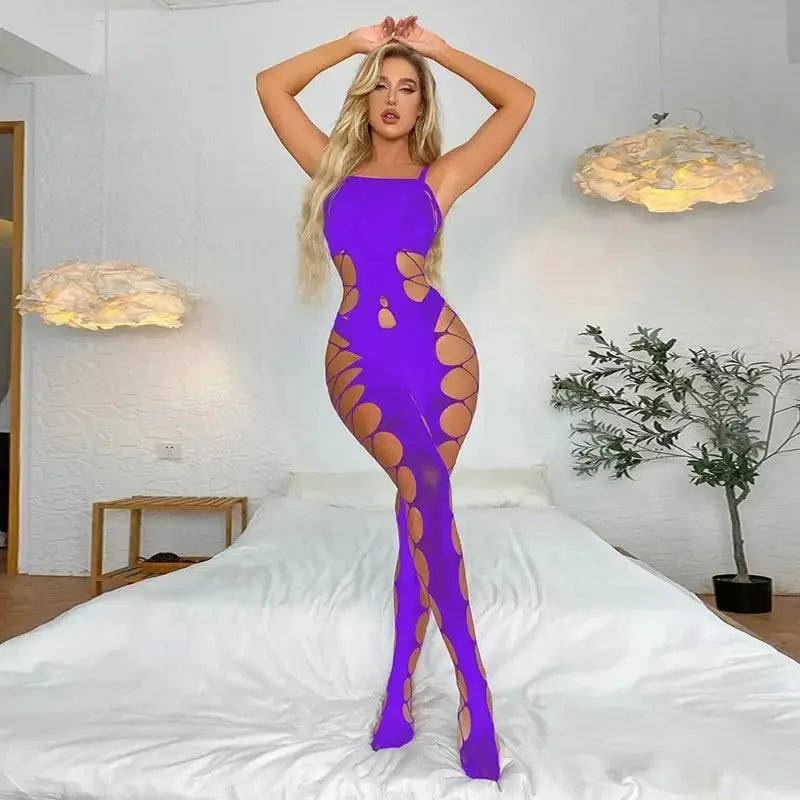 AllureLingerie Velvet Bodysuit Stocking Set Sheer Plus Size Crotchless Nightwear