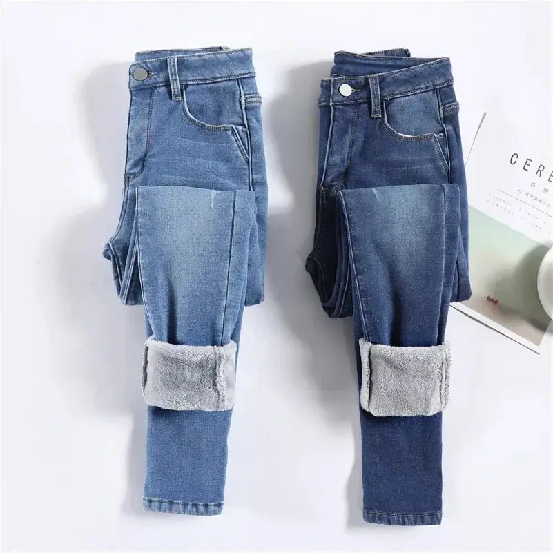 Women Thermal Skinny Jeans With Plush Lining Warm Winter Denim Pants