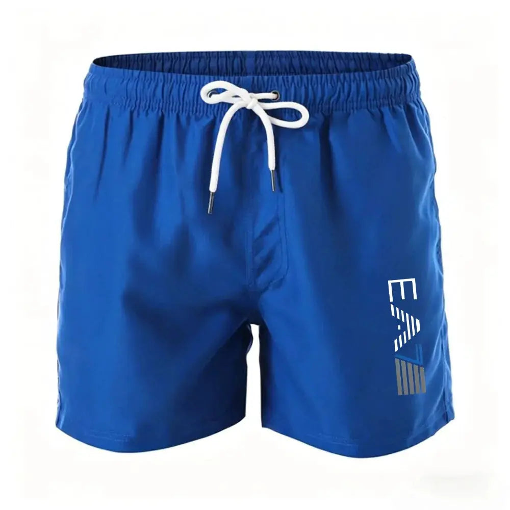 Men's blue swim trunks with white drawstring, elastic waist, and right-leg logo.