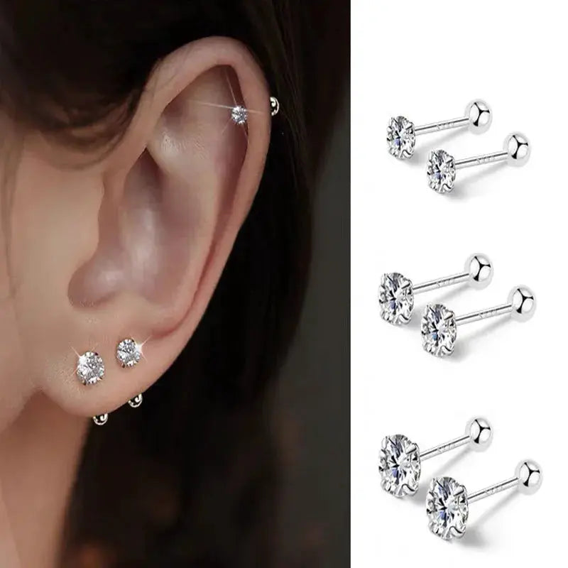 3-Pair stainless steel round zirconia stud earrings by Simples Market for cartilage, tragus and lobe piercings